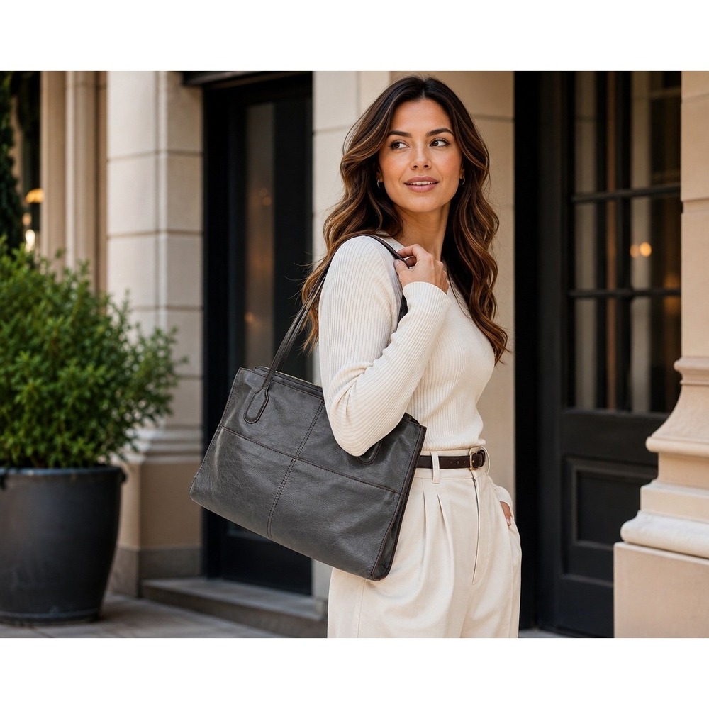 HOBO International Gray Genuine Leather Large Tote Shoulder Bag Zip Top